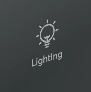 深色玻璃面板上激光雕刻的灯泡图标与 Lighting 字样