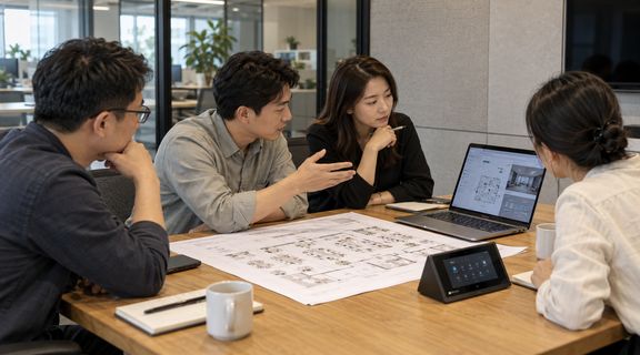 四位合作伙伴围坐在会议桌旁，对照图纸讨论方案