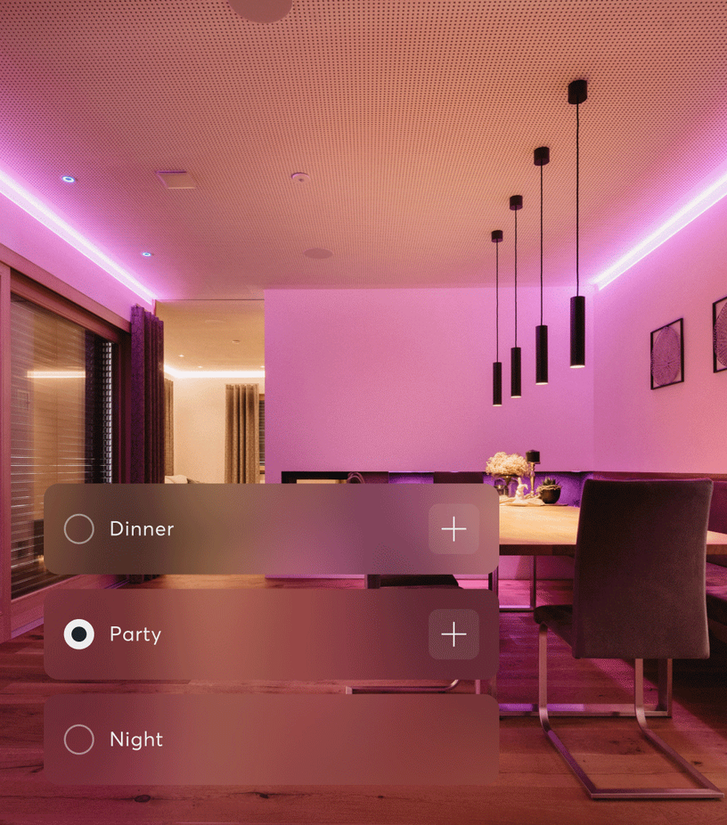 餐厅里的粉色灯光,叠加「Dinner / Party / Night」照明场景选择