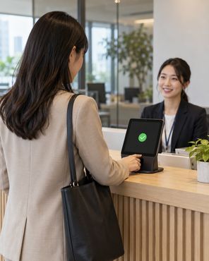 访客在前台的平板上签到