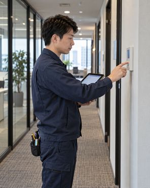 维修人员拿着平板在走廊检修墙面设备